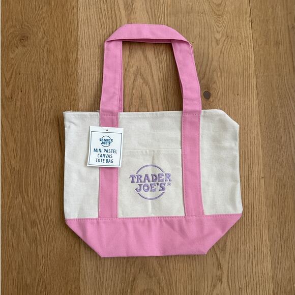 Trader Joe’s - Mini Tote Shopping Bag in Pink Beige & Purple - Picture 1 of 2